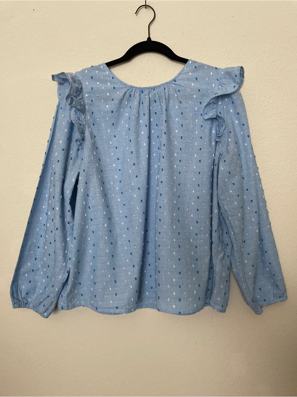 J. Crew Light Blue Ruffle Shoulder Blouse w/Metallic Dot Detail XXL